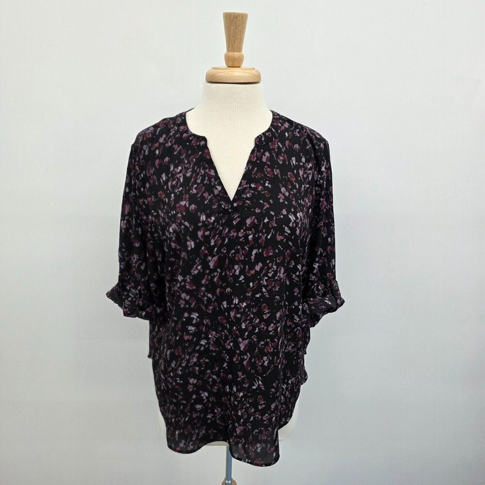 Maurices Womens Floral Print Blouse Size 0X (14) V-Neck 3/4 Sleeve‎ Black Career